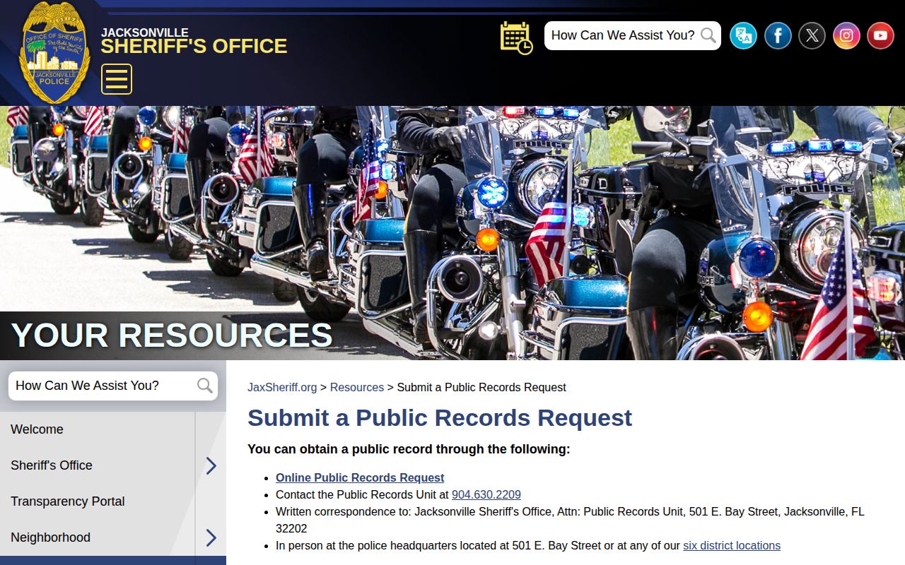 Jacksonville Sheriff's Office public records request page