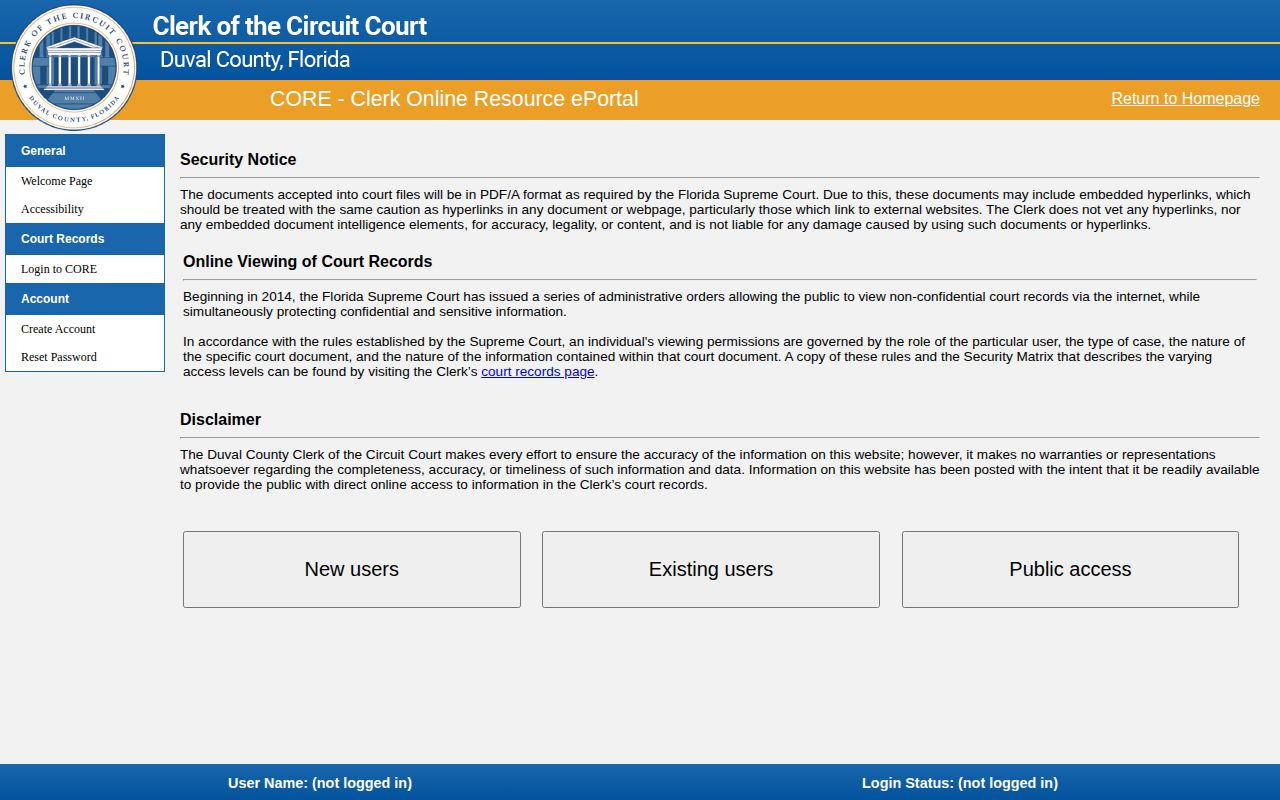 Duval Clerk CORE court case search form