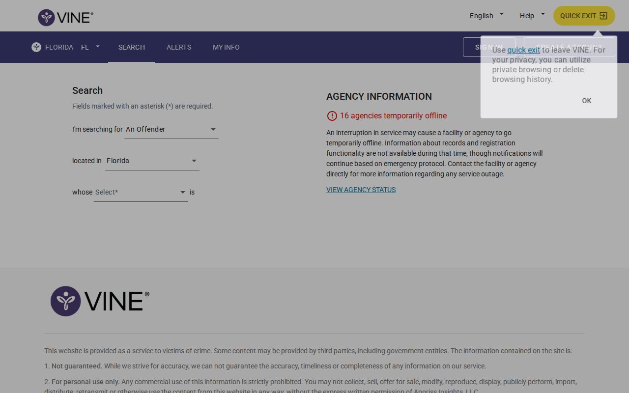Duval County VINELink release check person search form
